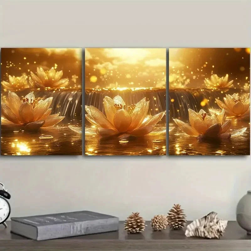 3pcs Stunning Golden Waterfall Design Metal Print Ready to Hang Art
