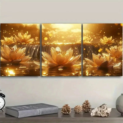 3pcs Stunning Golden Waterfall Design Metal Print Ready to Hang Art