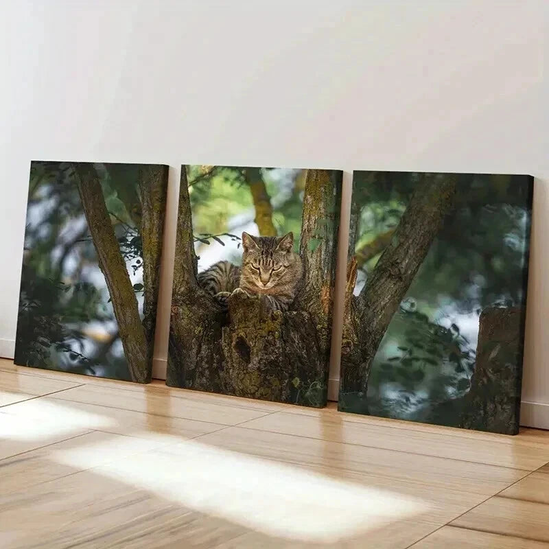 3pcs Charming Grey Kitten on Tree Wall Art Set Canvas Framed 40x60cm - High Quality Print 100% Australian Made Wall Canvas Ready to Hang