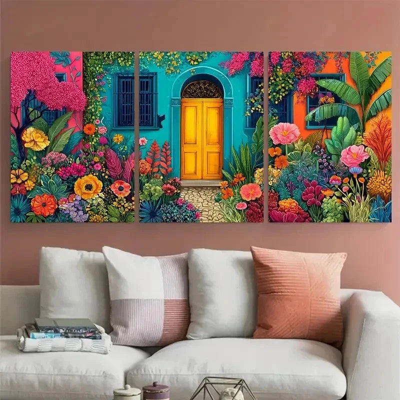 3pcs Flower Garden Illustration Colorful Perfect Wall Art Set Canvas Framed 60x90cm - High Quality Print 100% Australian Made Wall Canvas Ready to Hang