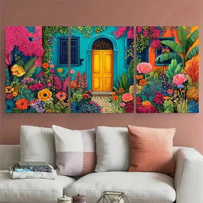 3pcs Flower Garden Illustration Colorful Perfect Wall Art Set Canvas Framed 60x90cm - High Quality Print 100% Australian Made Wall Canvas Ready to Hang