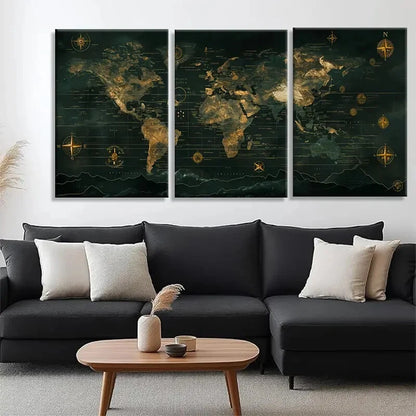 3pcs Antique Global Maps in Dark Green Metal Print Ready to Hang Art
