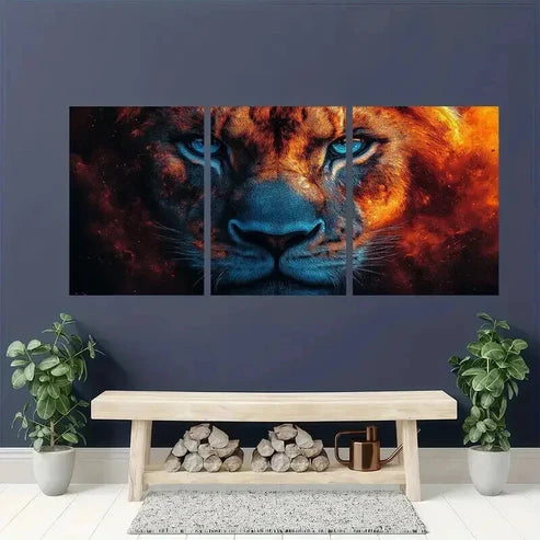3pcs Lion with Fiery Orange & Blue Hues Wall Art Canvas Unframed - High Quality Print 100% Australian Made Wall Canvas