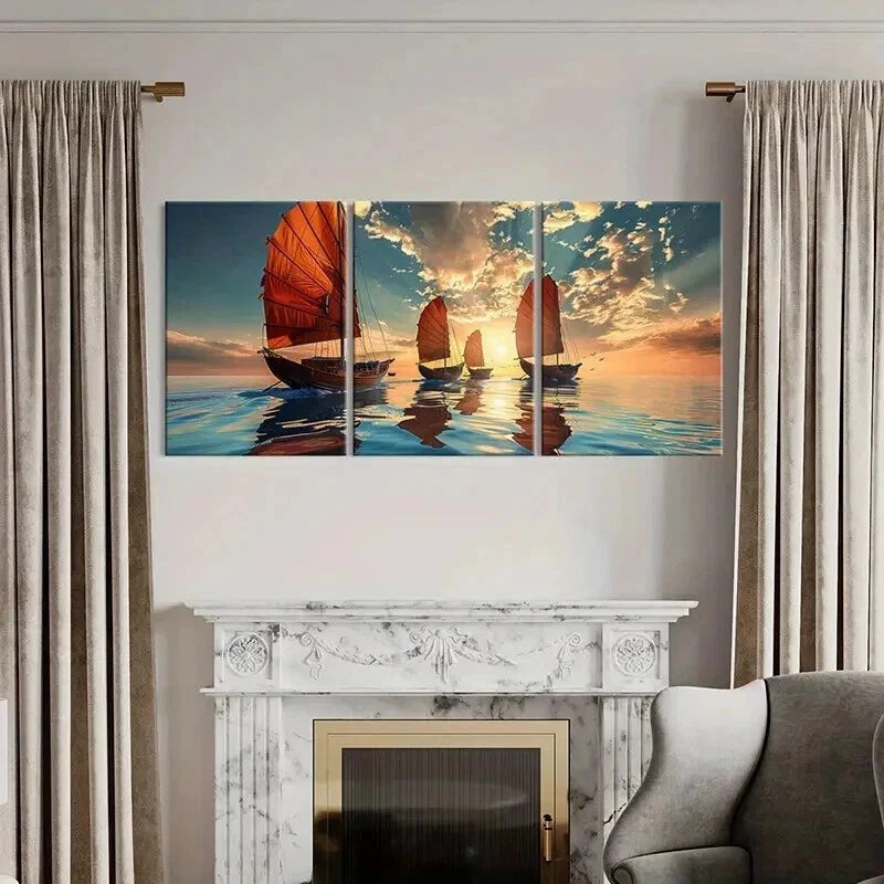 3pcs Sailing Ships Sunset Sky Calm Ocean Wall Art Set Canvas Framed 40x60cm - High Quality Print 100% Australian Made Wall Canvas Ready to Hang