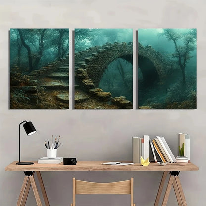 3pcs Eerie Forest Pathway Scene with Stone Bridge Metal Print Ready to Hang Art