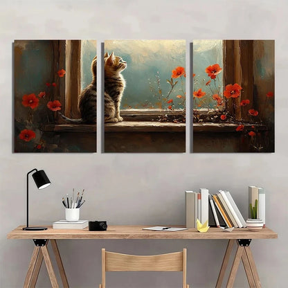 3pcs Charming Cat Window Vibrant Red Poppies Metal Print Ready to Hang Art