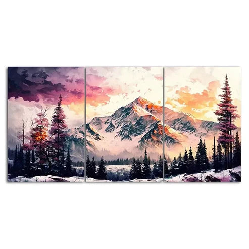3 Piece Abstract Snow Mountain Forest Art with Golden Wall Art Set Canvas Unframed - High Quality Print 100% Australian Made Wall Canvas
