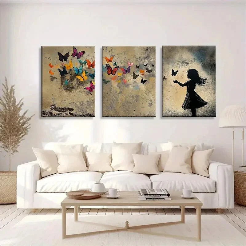 3pcs Vibrant Butterfly and Girl Silhouette Metal Print Ready to Hang Art