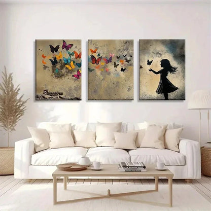 3pcs Vibrant Butterfly and Girl Silhouette Metal Print Ready to Hang Art