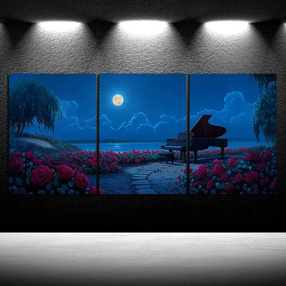 3pcs Rose Piano By The Sea Night Sky Metal Print Ready to Hang Art