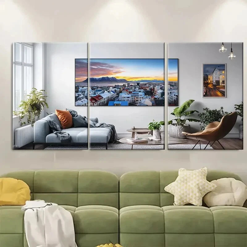 3pcs Vibrant Sunset & Street Scene Icelandic Metal Print Ready to Hang Art