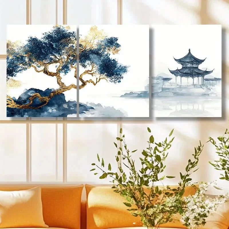 3pcs Tranquil Blue & Golden Tree Metal Print Ready to Hang Art