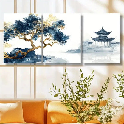 3pcs Tranquil Blue & Golden Tree Metal Print Ready to Hang Art