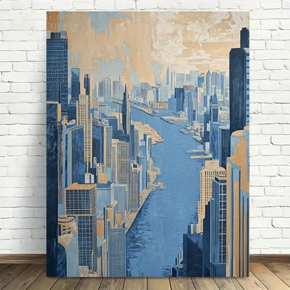 Beautiful Modern Vintage Cityscape Blue & Beige 40x60cm Metal Print Ready to Hang
