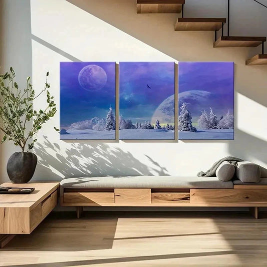 3pcs Fantasy Snow Landscape Purple Sky Wall Art Set Canvas Framed 40x60cm - High Quality Print 100% Australian Made Wall Canvas Ready to Hang