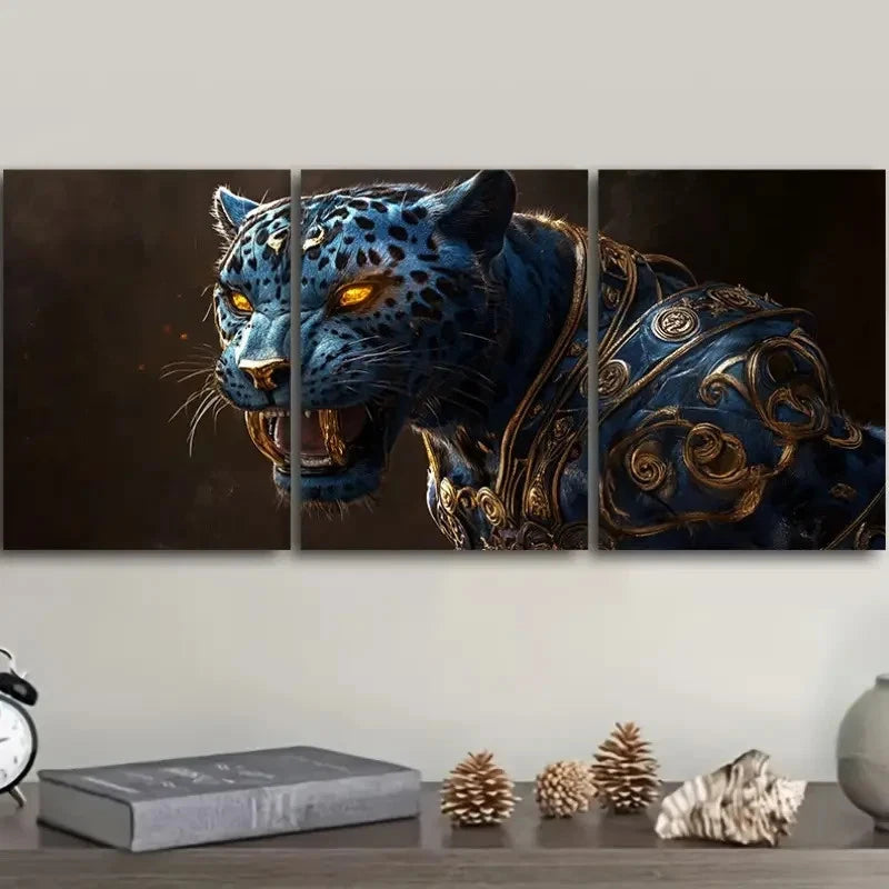 3pcs Blue Panther Modern Contemporary Style Wall Art Set Canvas Framed 50x70cm - High Quality Print 100% Australian Made Wall Canvas Ready to Hang
