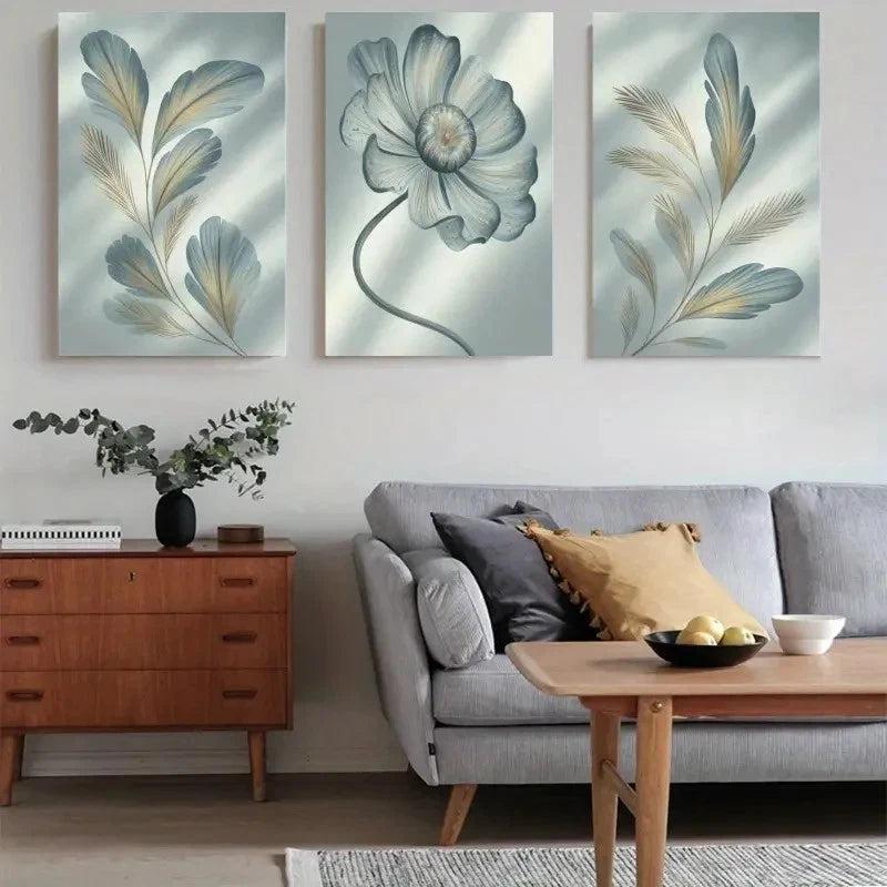 3pcs Artwork Feather Flower Painting Metal Print Ready to Hang Art