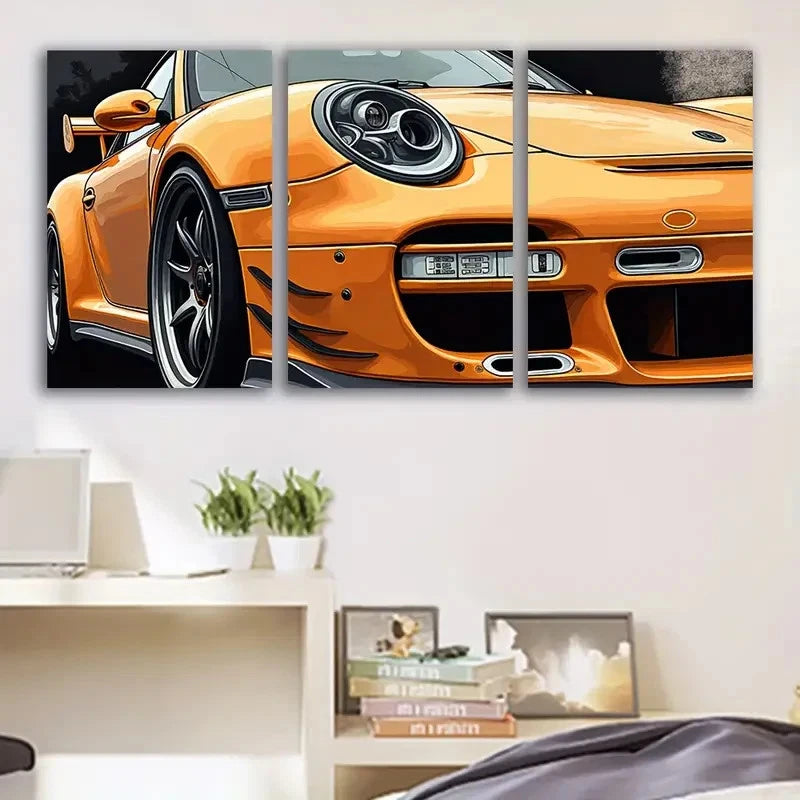 3pcs Vibrant Orange Sports Car Illustrations Wall Art Set Canvas Framed 50x70cm - High Quality Print 100% Australian Made Wall Canvas Ready to Hang