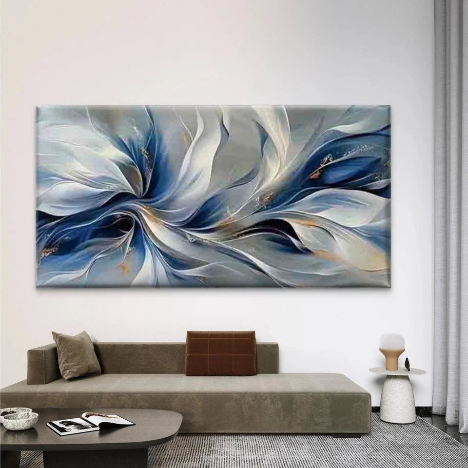Abstract Blue & White Floral Wall Art Canvas Office Home Room Framed 120x60cm