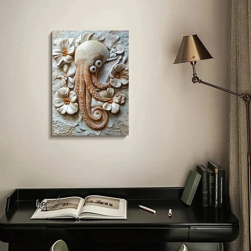 Cuttlefish Among Heart Shaped Flowers Painting 40x60cm Metal Print Ready to Hang
