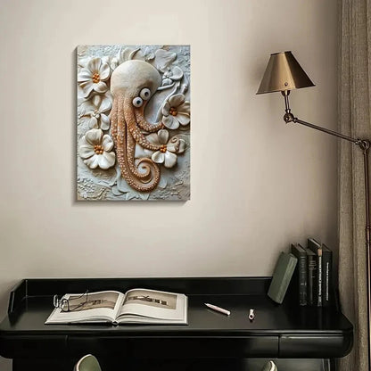 Cuttlefish Among Heart Shaped Flowers Painting 40x60cm Metal Print Ready to Hang