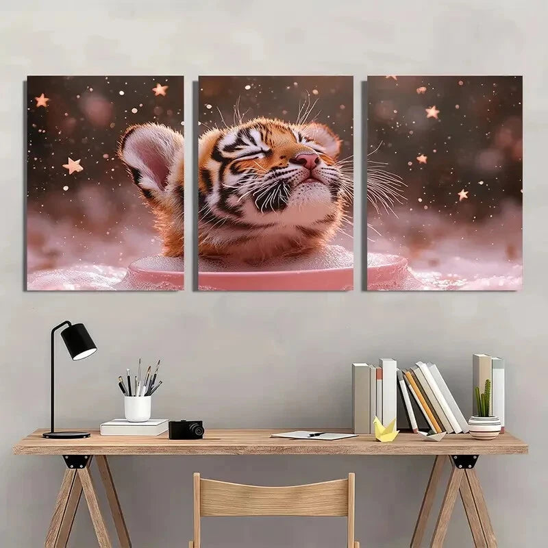 3pcs Whimsical Tiger Pink Playful Stars Metal Print Ready to Hang Art