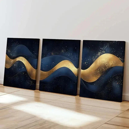 3pcs Golden Waves Dark Sky Sparkling Stars Wall Art Set Canvas Framed 40x60cm - High Quality Print 100% Australian Made Wall Canvas Ready to Hang