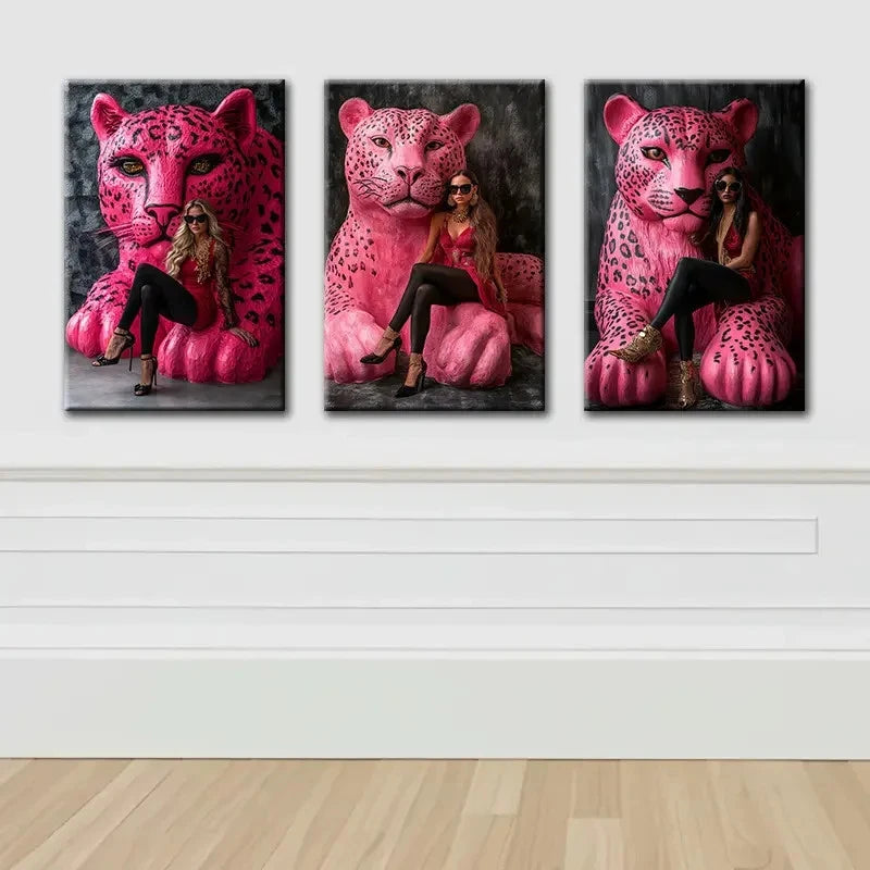 3pcs The Pink Panther And Lady Scene Wall Art Set Canvas Framed 60x90cm - High Quality Print 100% Australian Made Wall Canvas Ready to Hang