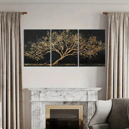 3pcs Golden Tree with Sparkling Leaves Metal Print Ready to Hang Art