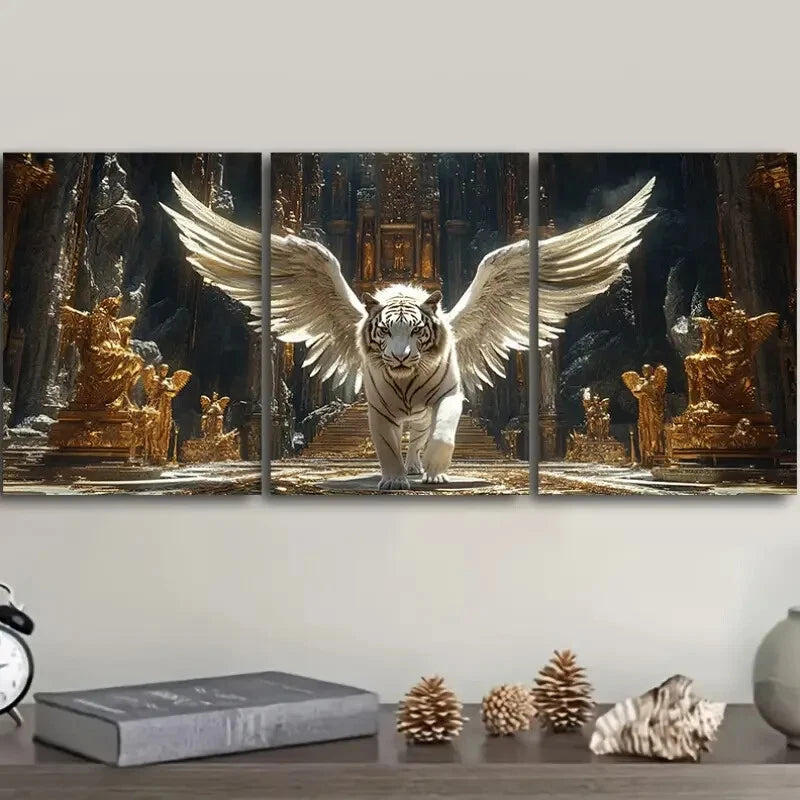 3pcs White Tiger with Angel Wings Classic Style Metal Print Ready to Hang Art