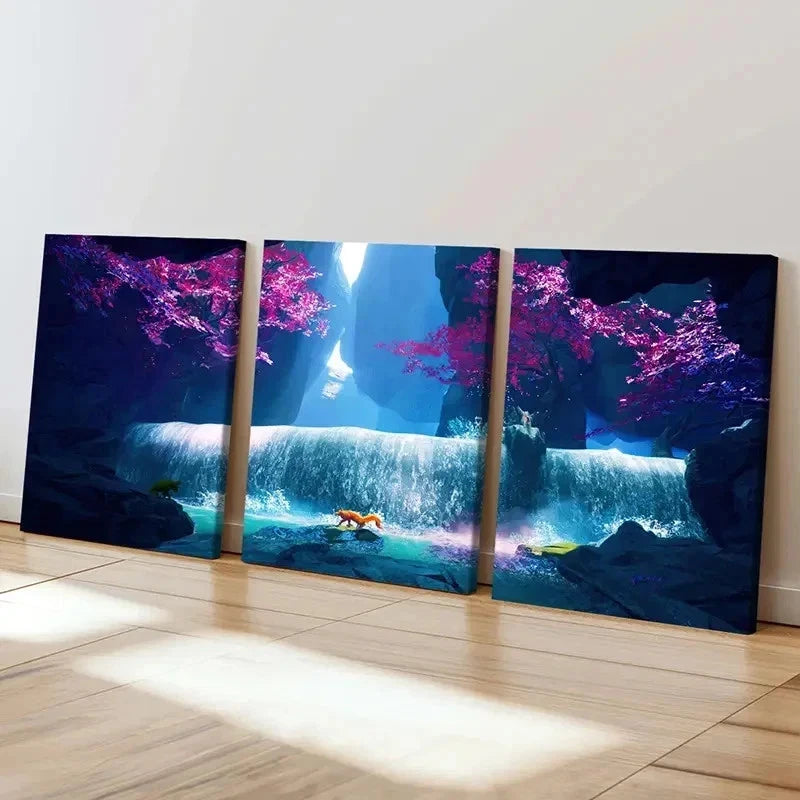 3pcs Fantasy Waterfall & Fox Vintage Wall Art Set Canvas Framed 40x60cm - High Quality Print 100% Australian Made Wall Canvas Ready to Hang