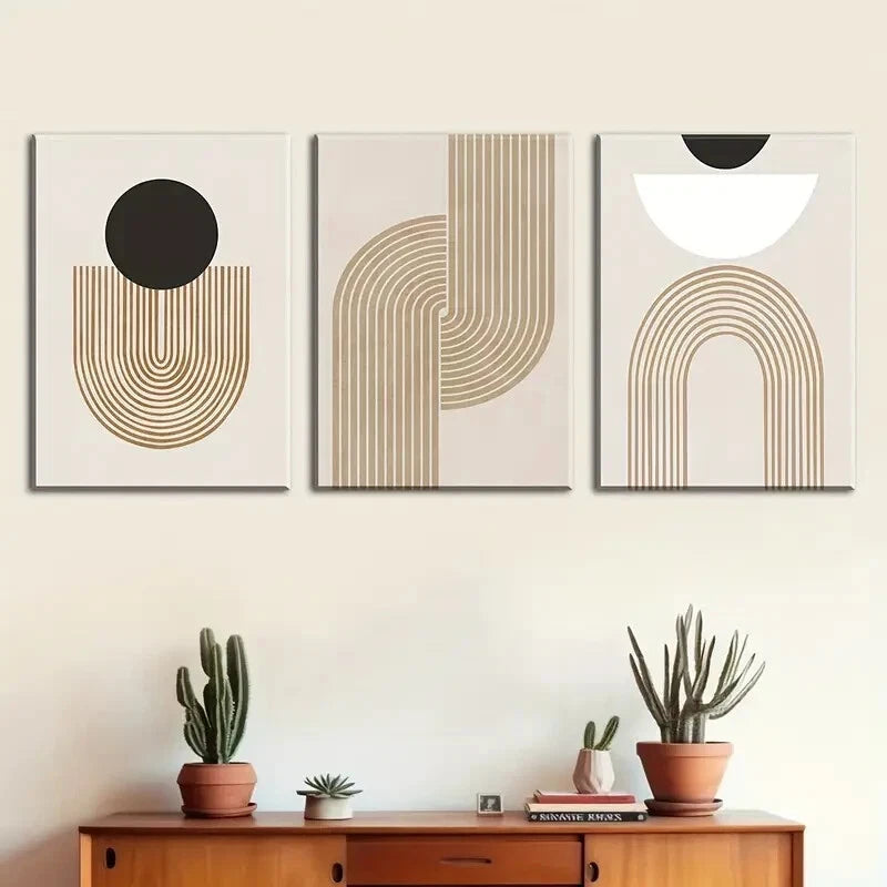 3pcs Bohemian Abstract Black Beige and Golden Metal Print Ready to Hang Art