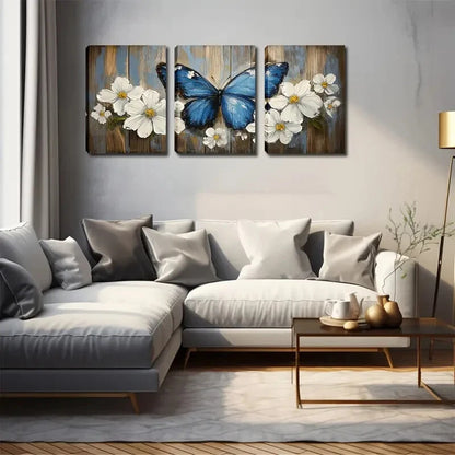 3pcs Blooming Flowers & Blue Butterfly Perfect Wall Art Set Canvas Framed 40x60cm - High Quality Print 100% Australian Made Wall Canvas Ready to Hang