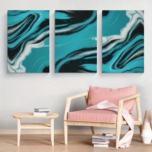3pcs Blue Splash Abstract Waves Wall Art Canvas Unframed - High Quality Print 100% Australian Made Wall Canvas