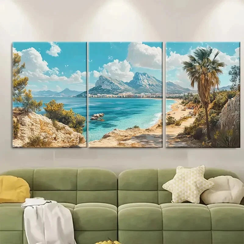 3pcs Flat Design with Blue Waters Rocky Cliffs Metal Print Ready to Hang Art