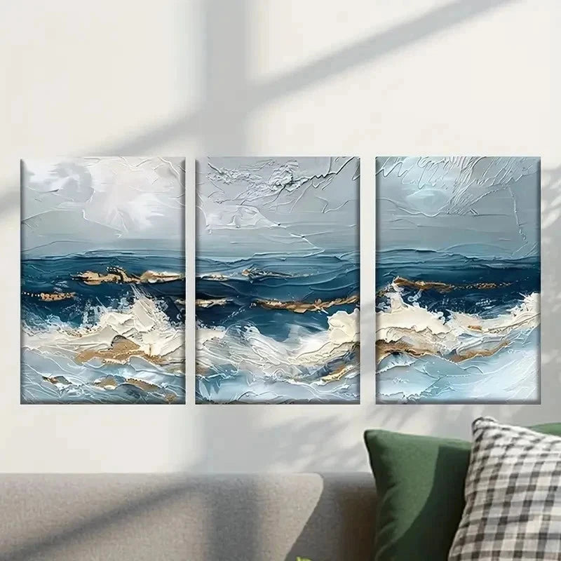 3pcs Abstract Ocean Waves in Blue and White Wall Art Set Canvas Framed 40x60cm - High Quality Print 100% Australian Made Wall Canvas Ready to Hang