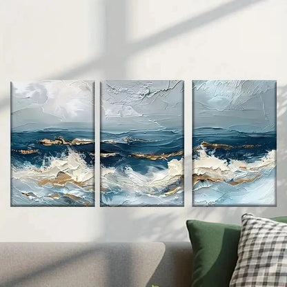 3pcs Abstract Ocean Waves in Blue and White Wall Art Set Canvas Framed 40x60cm - High Quality Print 100% Australian Made Wall Canvas Ready to Hang