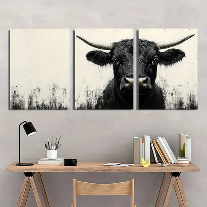 3pcs Funny Highland Cow Black and White Metal Print Ready to Hang Art
