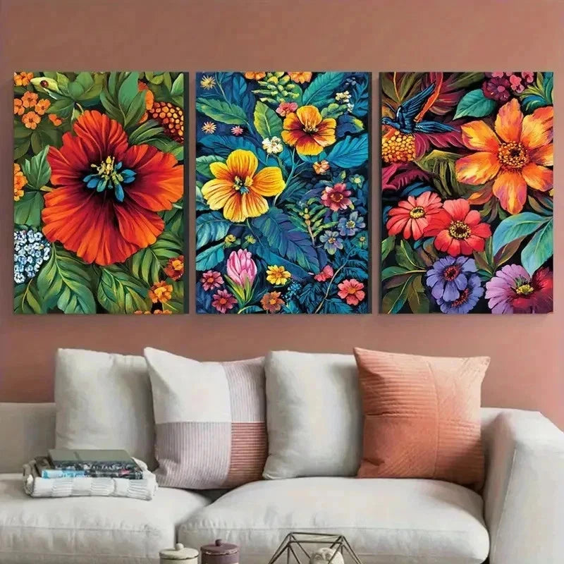 3pcs Vibrant Guatemalan Floral Perfect Wall Art Set Canvas Framed 60x90cm - High Quality Print 100% Australian Made Wall Canvas Ready to Hang