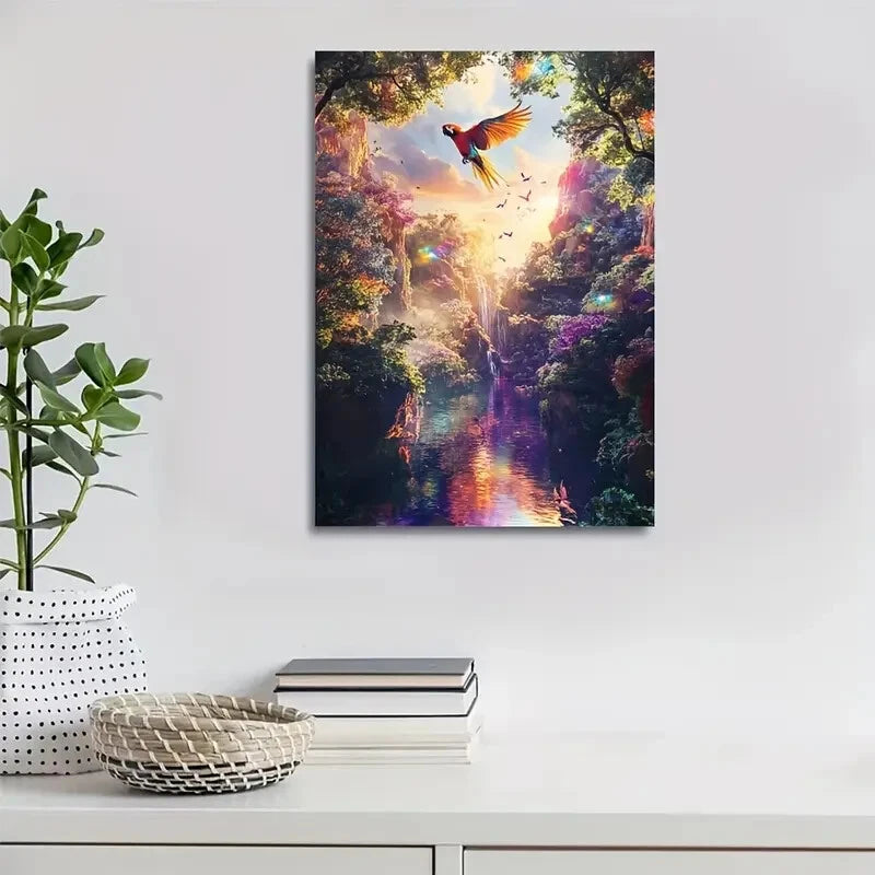 Vibrant Parrot in Magical Forest Scene Painting  40x60cm Metal Print Ready to Hang