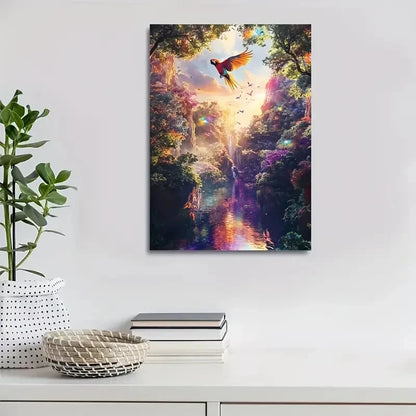 Vibrant Parrot in Magical Forest Scene Painting  40x60cm Metal Print Ready to Hang
