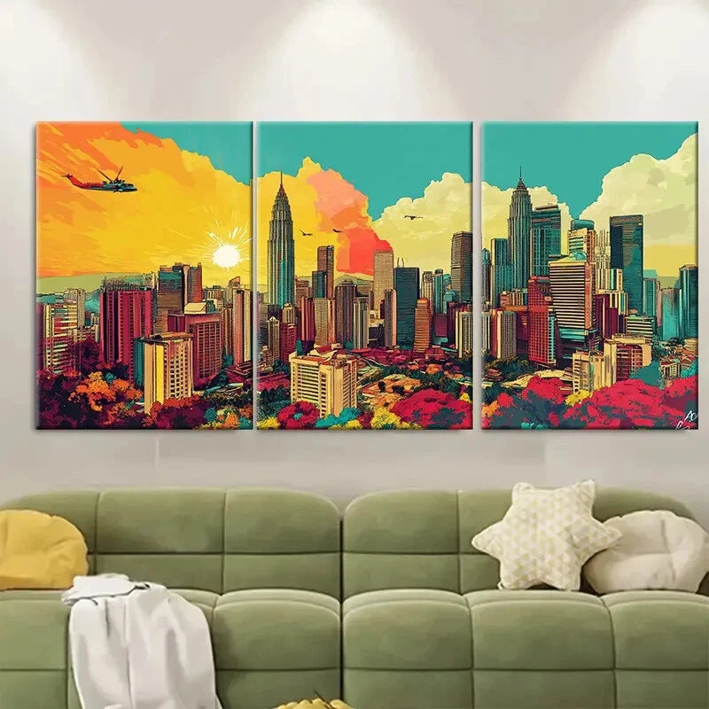 3pcs Featuring Iconic Skyscrapers & Helicopter Metal Print Ready to Hang Art