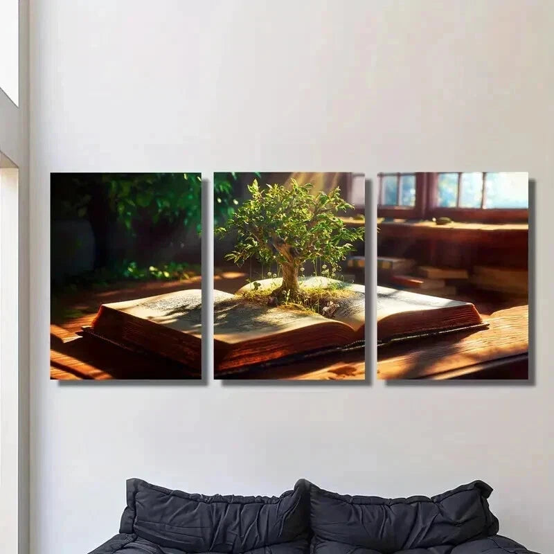 3pcs Knowledge Tree Growing Out of a Book Wall Art Set Canvas Framed 40x60cm - High Quality Print 100% Australian Made Wall Canvas Ready to Hang