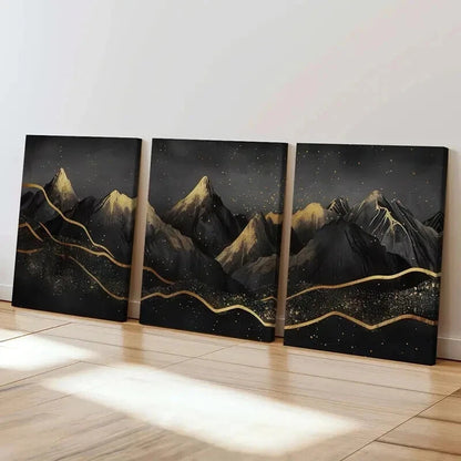 3pcs Mountains Night Sky Golden Lines Sparkles Wall Art Set Canvas Framed 40x60cm - High Quality Print 100% Australian Made Wall Canvas Ready to Hang