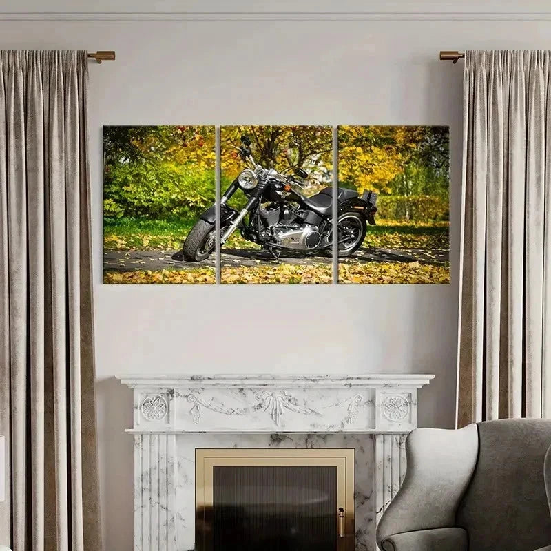 3pcs Motorcycle with Autumn Leaves Scene Wall Art Set Canvas Framed 40x60cm - High Quality Print 100% Australian Made Wall Canvas Ready to Hang