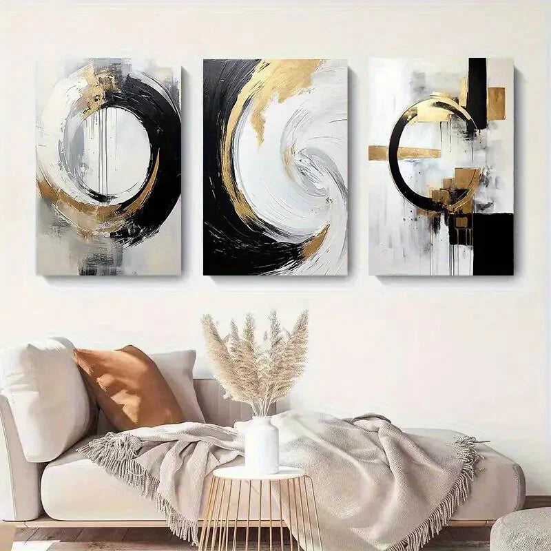 3pcs Abstract Geometric Circle Golden Perfect Wall Art Set Canvas Framed 40x60cm - High Quality Print 100% Australian Made Wall Canvas Ready to Hang