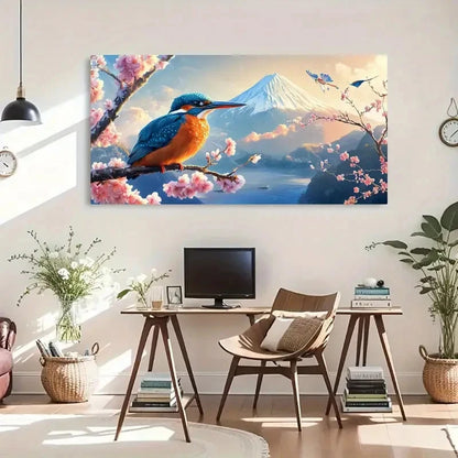 Kingfisher & Cherry Blossoms Wall Art Canvas Office Home Room Framed 120x60cm