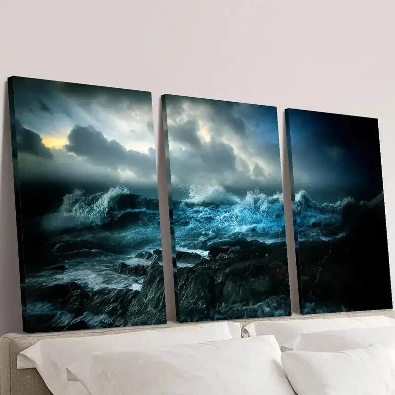 3pcs Amazing Deep Ocean Waves at Night Wall Art Set Canvas Framed 40x60cm - High Quality Print 100% Australian Made Wall Canvas Ready to Hang