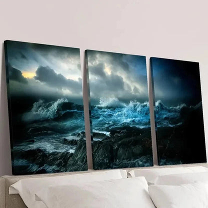 3pcs Amazing Deep Ocean Waves at Night Wall Art Set Canvas Framed 40x60cm - High Quality Print 100% Australian Made Wall Canvas Ready to Hang