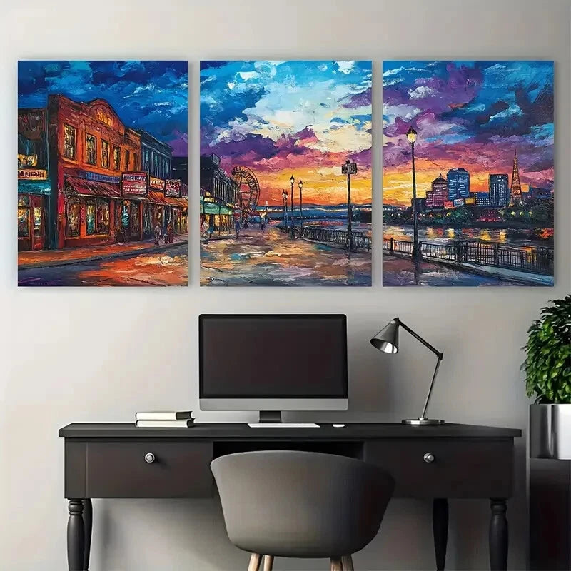 3pcs Memphis Sunset Nighttime Cityscape Perfect Wall Art Set Canvas Framed 40x60cm - High Quality Print 100% Australian Made Wall Canvas Ready to Hang